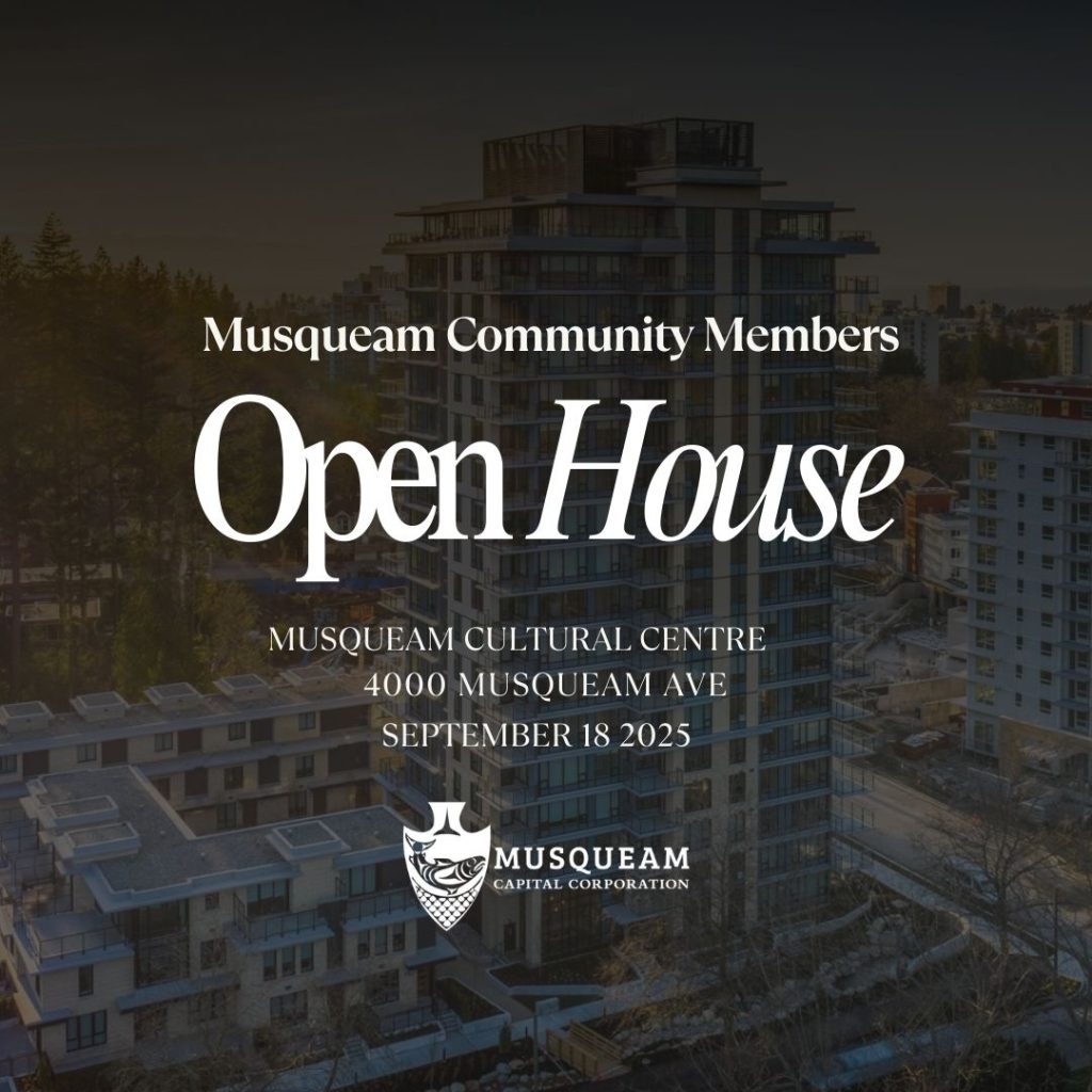 Musqueam Capital Corporation Community Open House 2025 at Musqueam Cultural Centre. Community members gathering to connect, share a meal, hear from MCC leadership, and learn about projects guided by the Musqueam Comprehensive Community Plan.