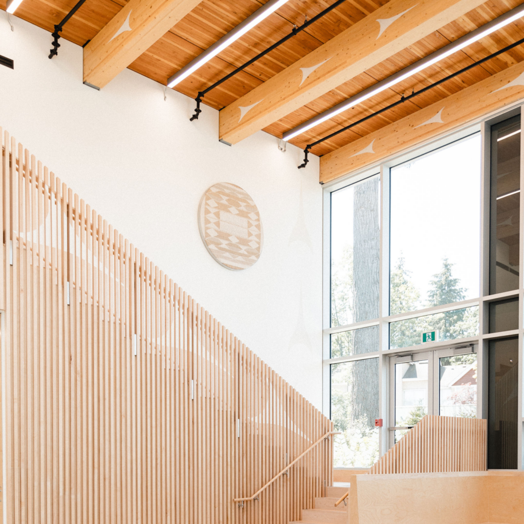 What Once Was Will Always Be by Musqueam artist Robyn Sparrow, installed inside the leləm̓ Community Centre, reflecting cultural continuity and identity.
